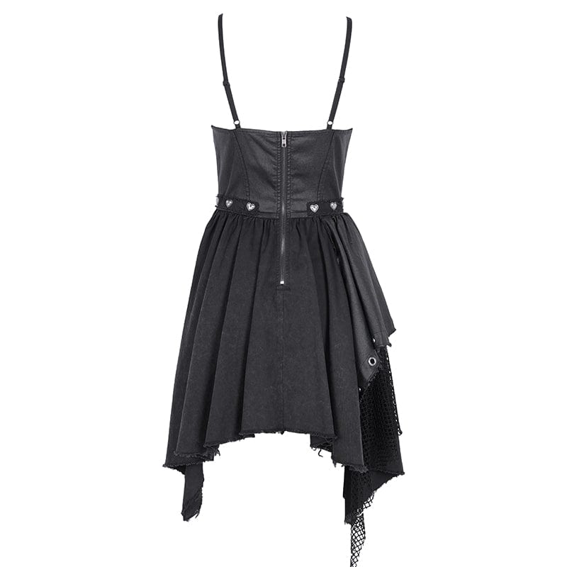 Women's Gothic Mesh Lace-up Irregular Slip Dress