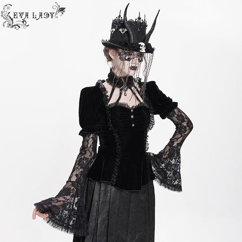 Women's Gothic Mesh Puff Long Sleeved Velvet Shirt Black