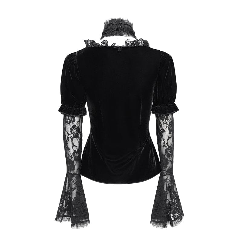 Women's Gothic Mesh Puff Long Sleeved Velvet Shirt Black