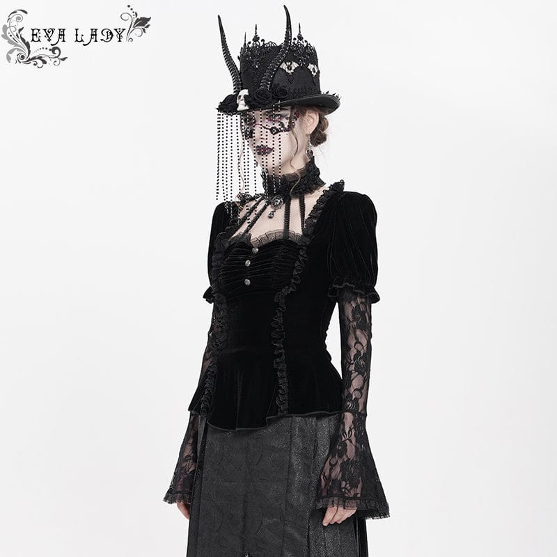 Women's Gothic Mesh Puff Long Sleeved Velvet Shirt Black