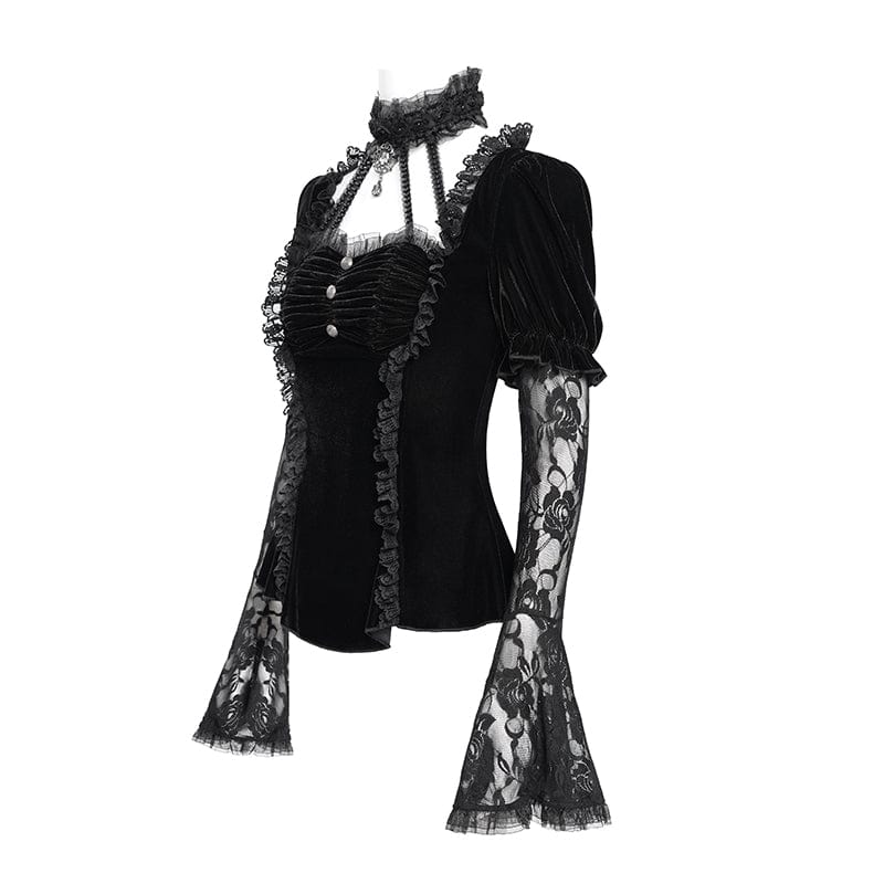 Women's Gothic Mesh Puff Long Sleeved Velvet Shirt Black