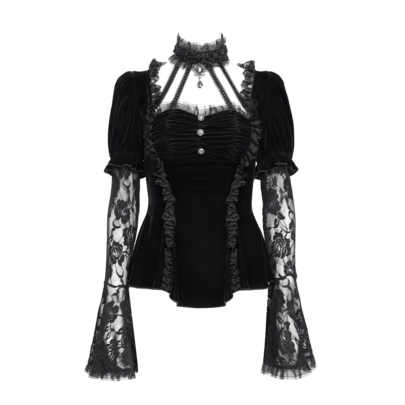 Women's Gothic Mesh Puff Long Sleeved Velvet Shirt Black