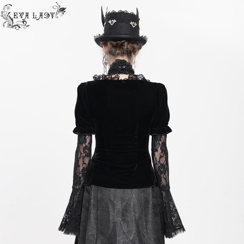 Women's Gothic Mesh Puff Long Sleeved Velvet Shirt Black
