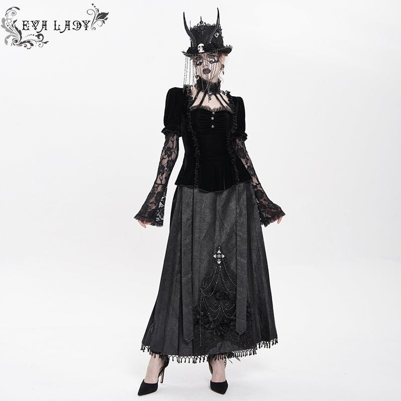 Women's Gothic Mesh Puff Long Sleeved Velvet Shirt Black