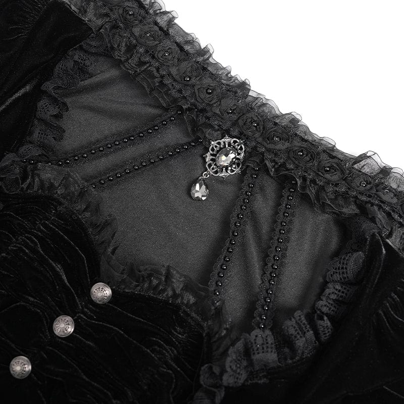 Women's Gothic Mesh Puff Long Sleeved Velvet Shirt Black