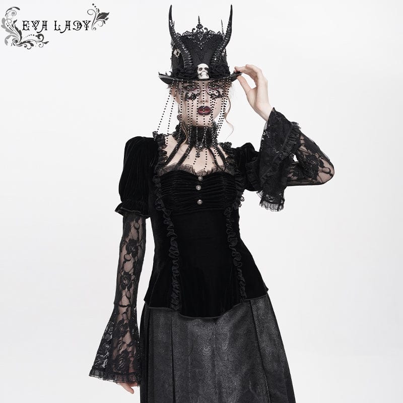 Women's Gothic Mesh Puff Long Sleeved Velvet Shirt Black