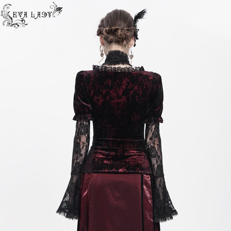 Women's Gothic Mesh Puff Long Sleeved Velvet Shirt Red