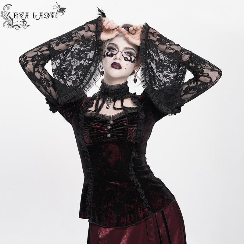 Women's Gothic Mesh Puff Long Sleeved Velvet Shirt Red