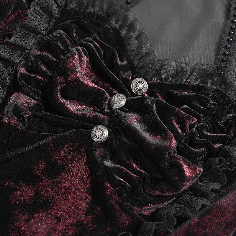 Women's Gothic Mesh Puff Long Sleeved Velvet Shirt Red
