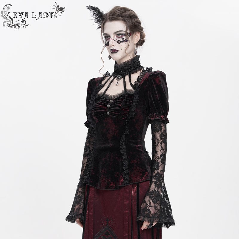 Women's Gothic Mesh Puff Long Sleeved Velvet Shirt Red