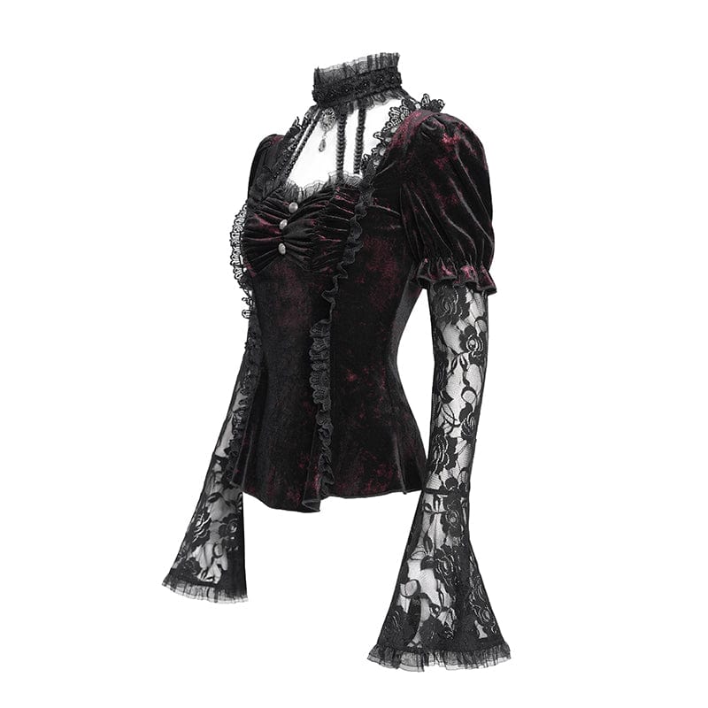 Women's Gothic Mesh Puff Long Sleeved Velvet Shirt Red