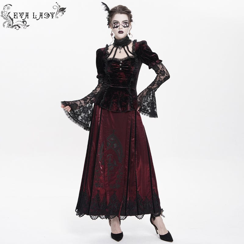 Women's Gothic Mesh Puff Long Sleeved Velvet Shirt Red