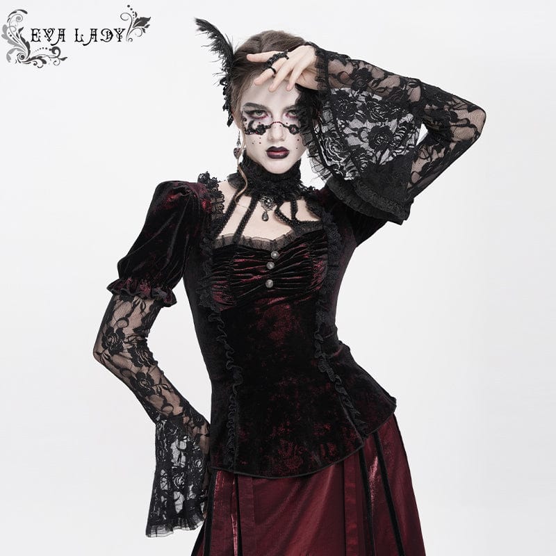 Women's Gothic Mesh Puff Long Sleeved Velvet Shirt Red