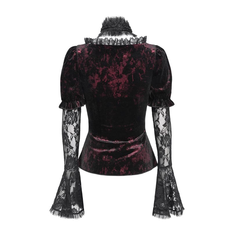 Women's Gothic Mesh Puff Long Sleeved Velvet Shirt Red