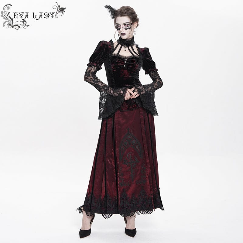 Women's Gothic Mesh Puff Long Sleeved Velvet Shirt Red