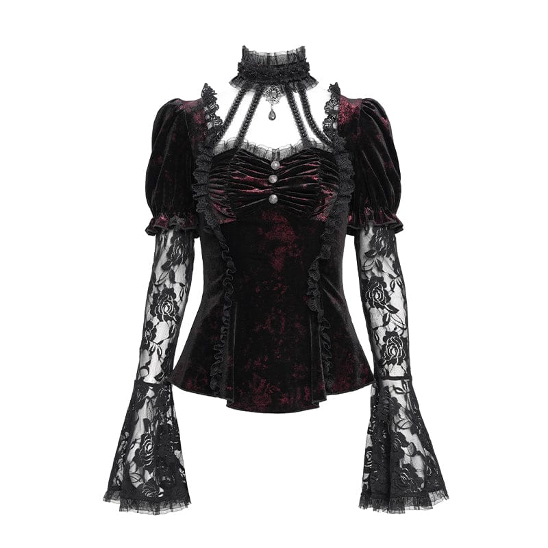 Women's Gothic Mesh Puff Long Sleeved Velvet Shirt Red