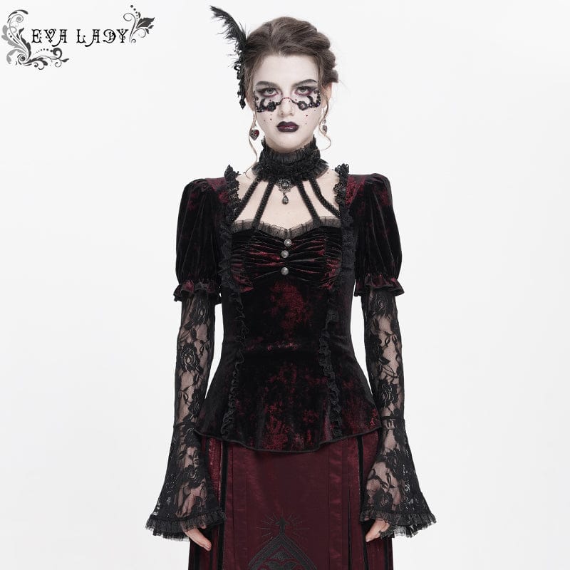 Women's Gothic Mesh Puff Long Sleeved Velvet Shirt Red