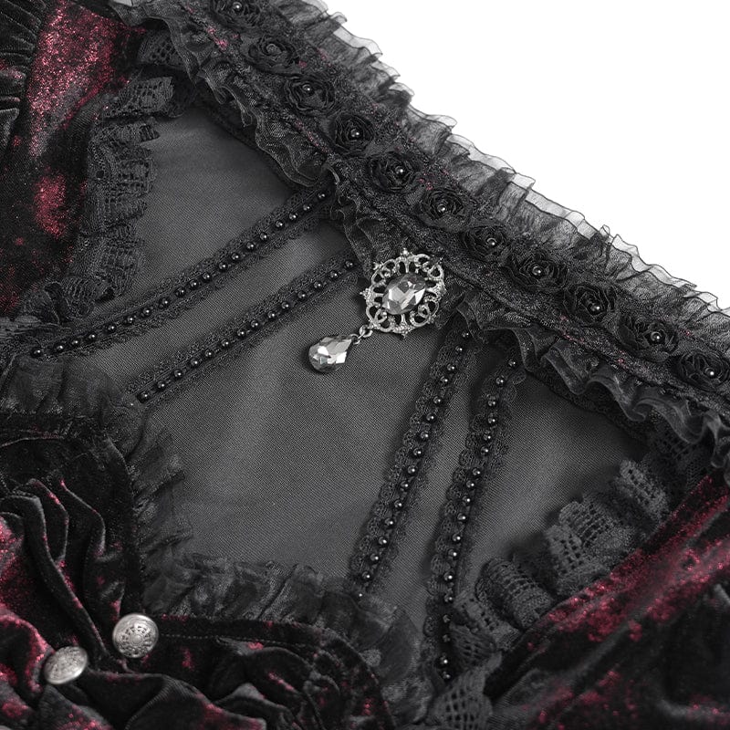Women's Gothic Mesh Puff Long Sleeved Velvet Shirt Red