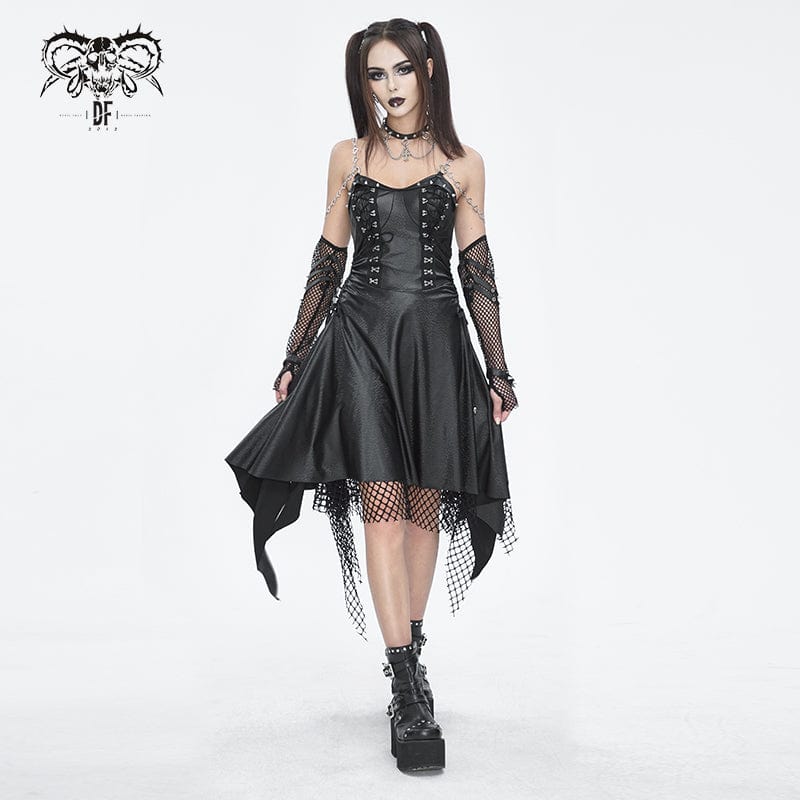 Women's Gothic Mesh Stud Faux Leather Hem Dress