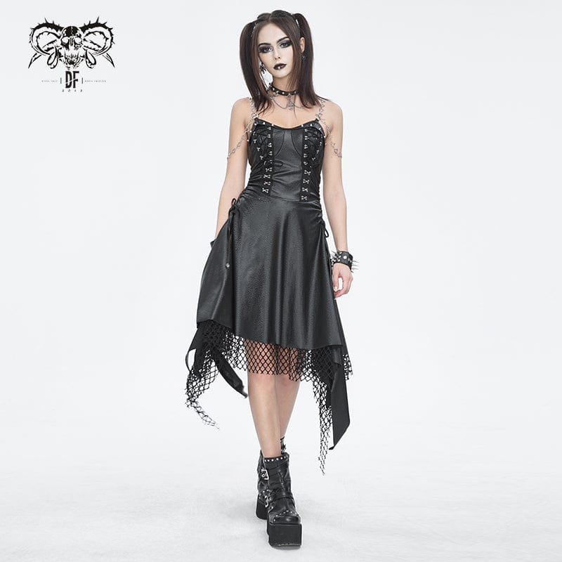 Women's Gothic Mesh Stud Faux Leather Hem Dress