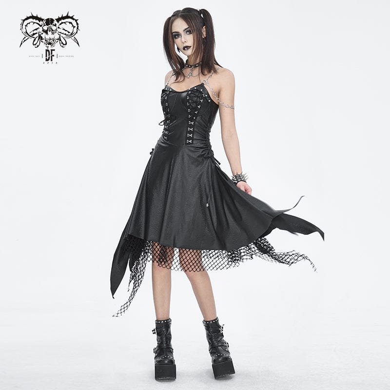 Women's Gothic Mesh Stud Faux Leather Hem Dress