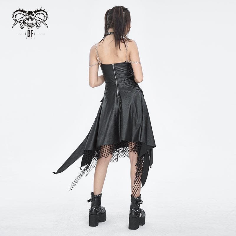 Women's Gothic Mesh Stud Faux Leather Hem Dress
