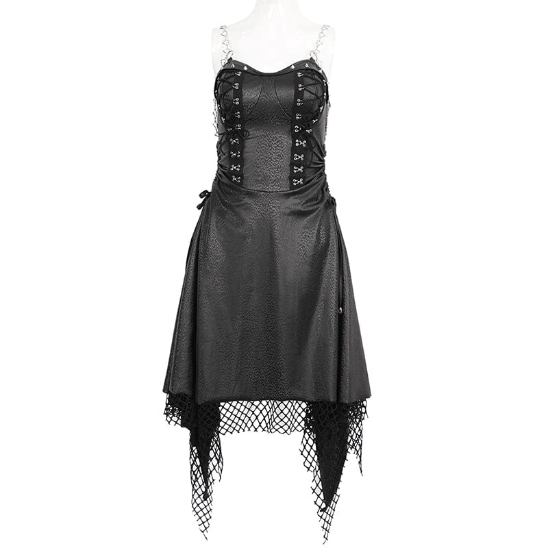 Women's Gothic Mesh Stud Faux Leather Hem Dress