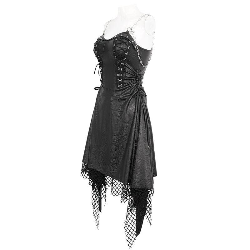 Women's Gothic Mesh Stud Faux Leather Hem Dress