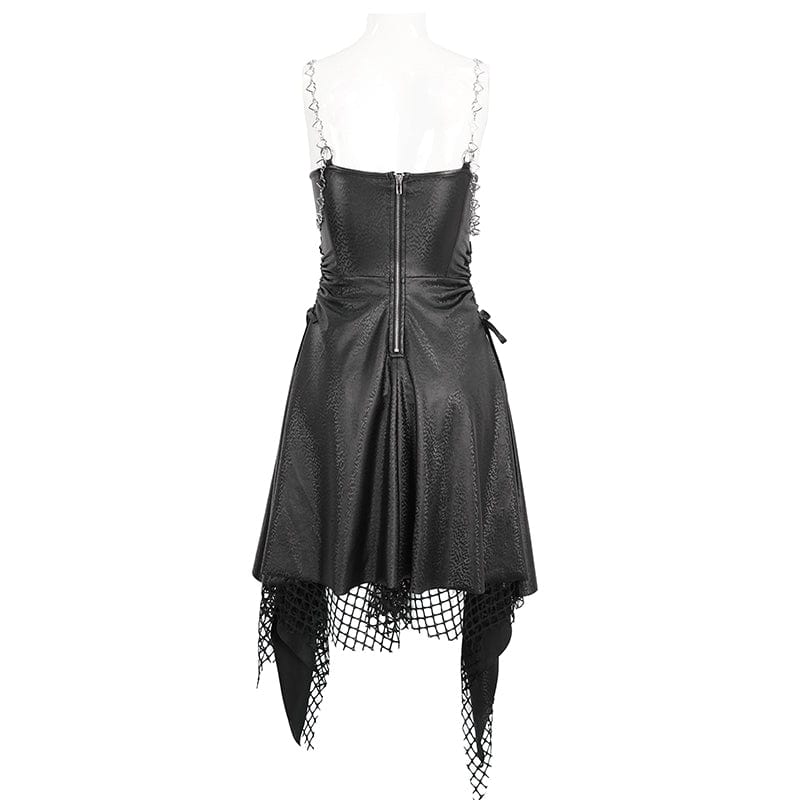 Women's Gothic Mesh Stud Faux Leather Hem Dress