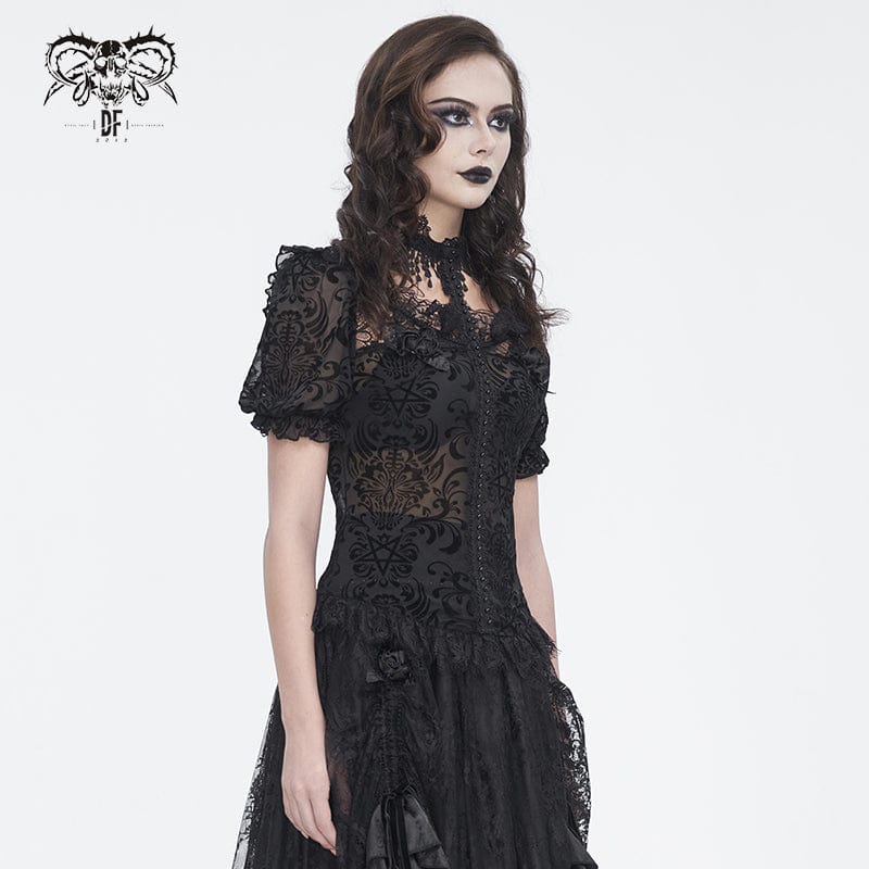 Women's Gothic Puff Sleeved Flocking Mesh Sheer Shirt