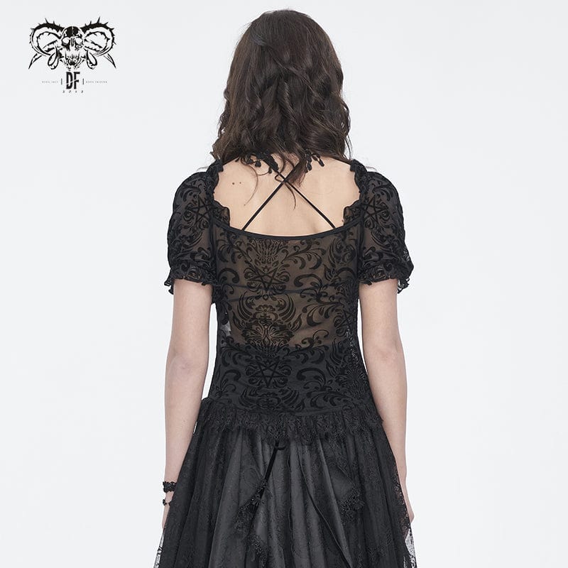 Women's Gothic Puff Sleeved Flocking Mesh Sheer Shirt