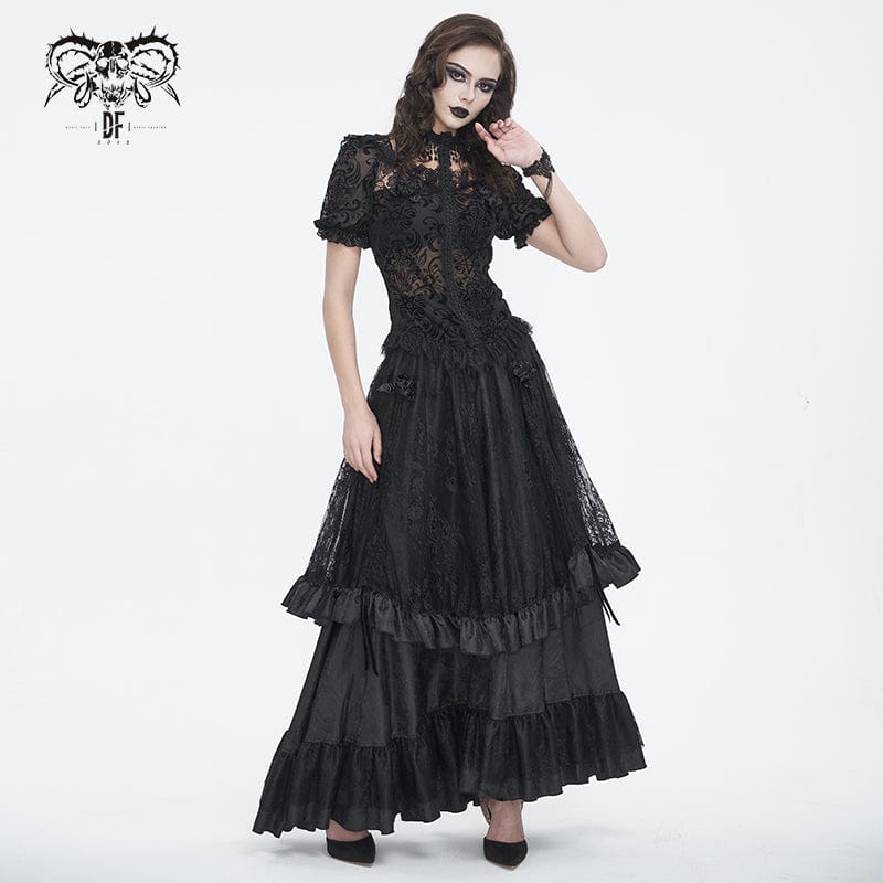 Women's Gothic Puff Sleeved Flocking Mesh Sheer Shirt