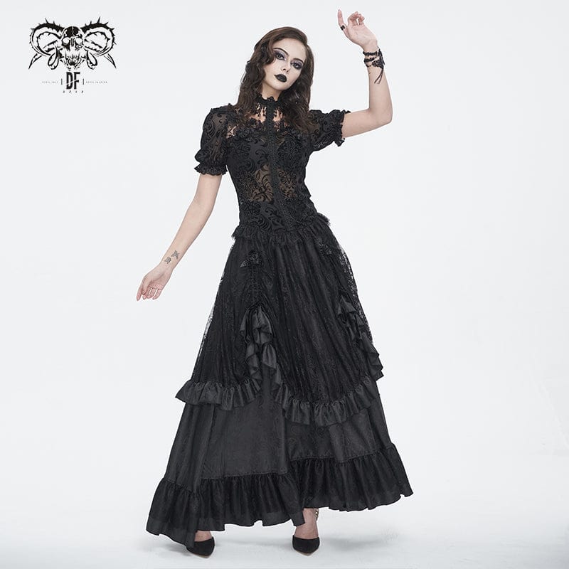 Women's Gothic Puff Sleeved Flocking Mesh Sheer Shirt