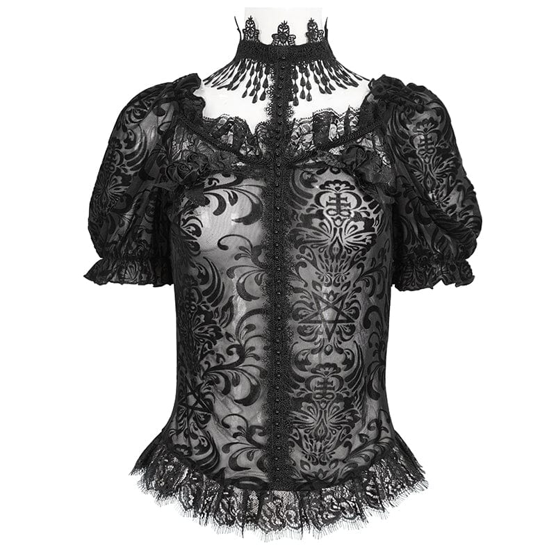 Women's Gothic Puff Sleeved Flocking Mesh Sheer Shirt