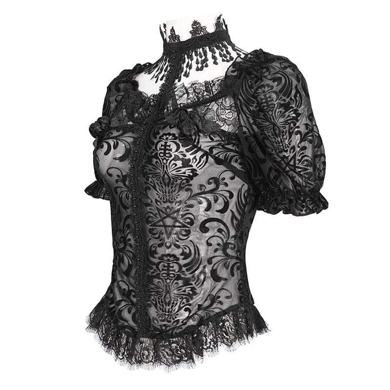 Women's Gothic Puff Sleeved Flocking Mesh Sheer Shirt