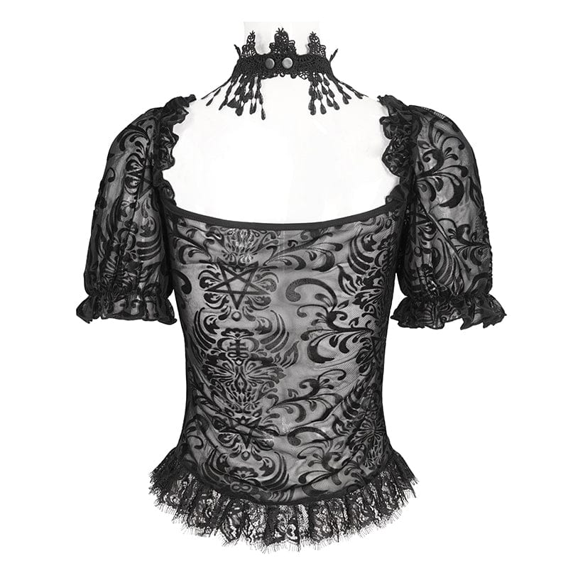 Women's Gothic Puff Sleeved Flocking Mesh Sheer Shirt