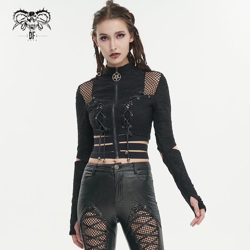 Women's Gothic Ruched Strap Splice Mesh Crop Top