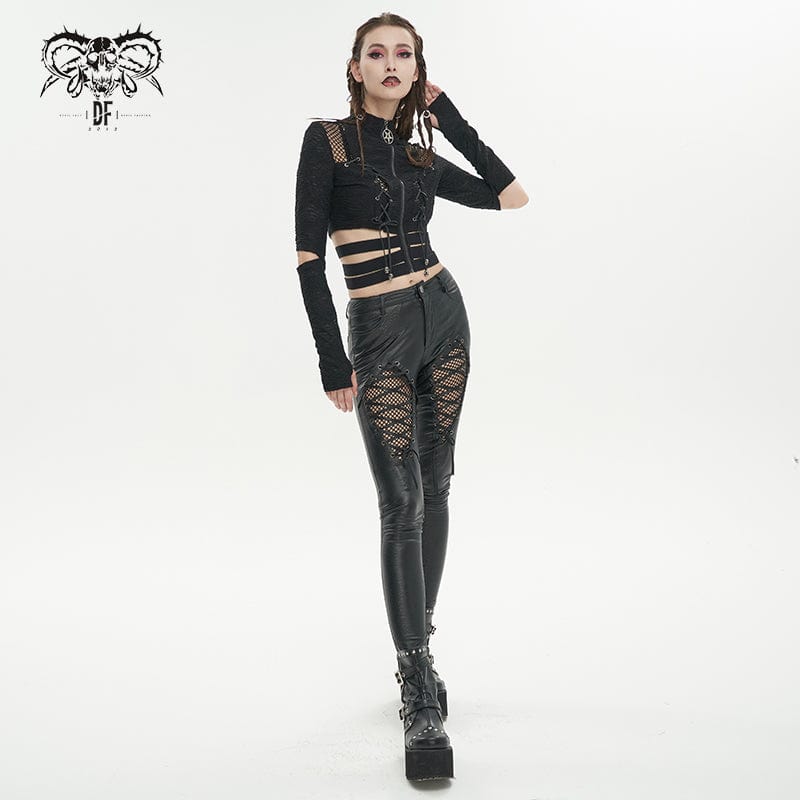 Women's Gothic Ruched Strap Splice Mesh Crop Top