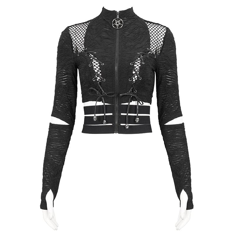 Women's Gothic Ruched Strap Splice Mesh Crop Top