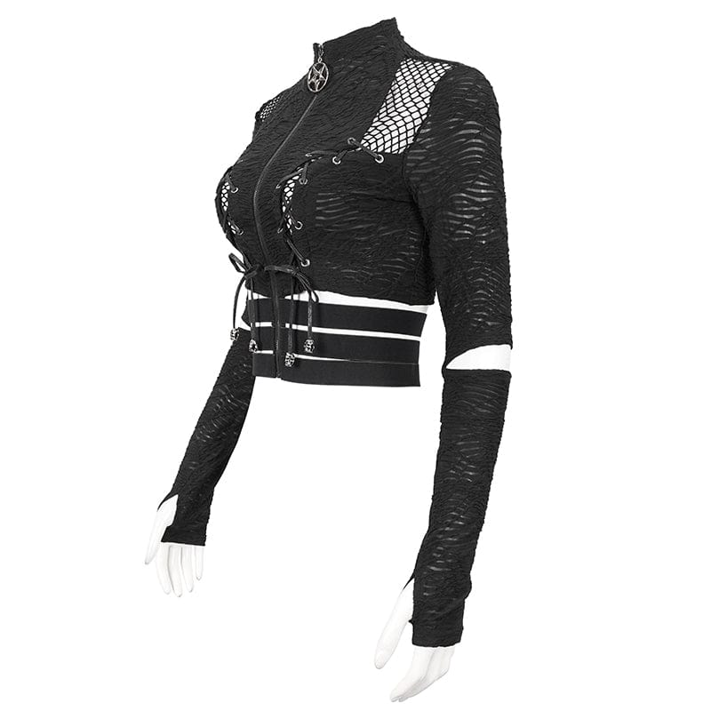 Women's Gothic Ruched Strap Splice Mesh Crop Top