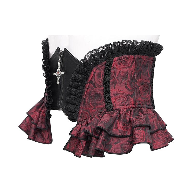Women's Gothic Ruffled Lace Splice Underbust Corset Red
