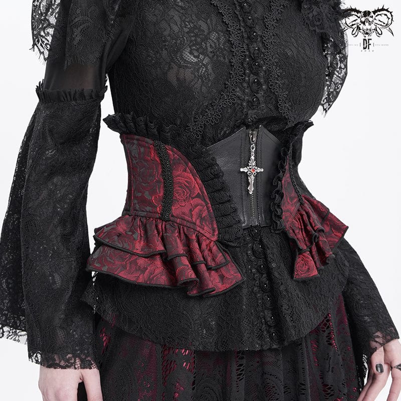 Women's Gothic Ruffled Lace Splice Underbust Corset Red