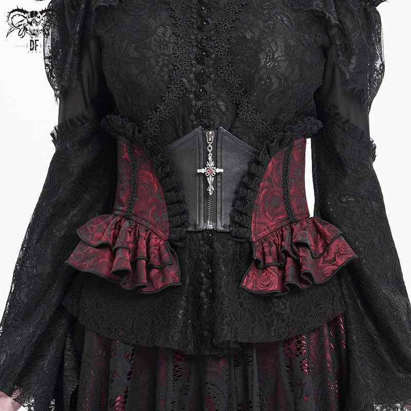 Women's Gothic Ruffled Lace Splice Underbust Corset Red