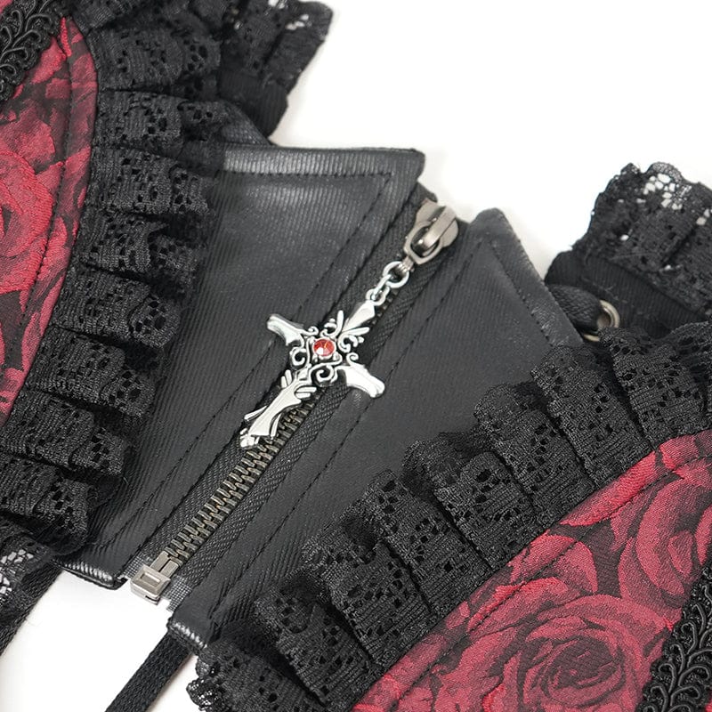 Women's Gothic Ruffled Lace Splice Underbust Corset Red