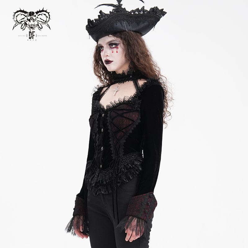 Women's Gothic Ruffled Mesh Lace-up Long Sleeved Shirts