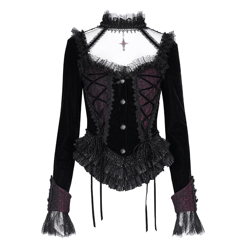 Women's Gothic Ruffled Mesh Lace-up Long Sleeved Shirts
