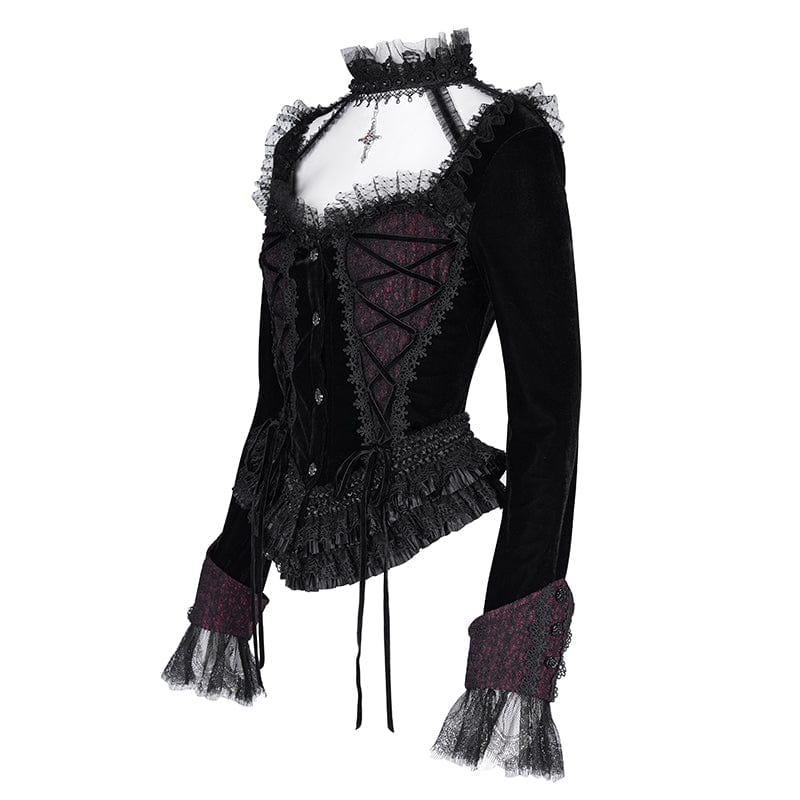 Women's Gothic Ruffled Mesh Lace-up Long Sleeved Shirts