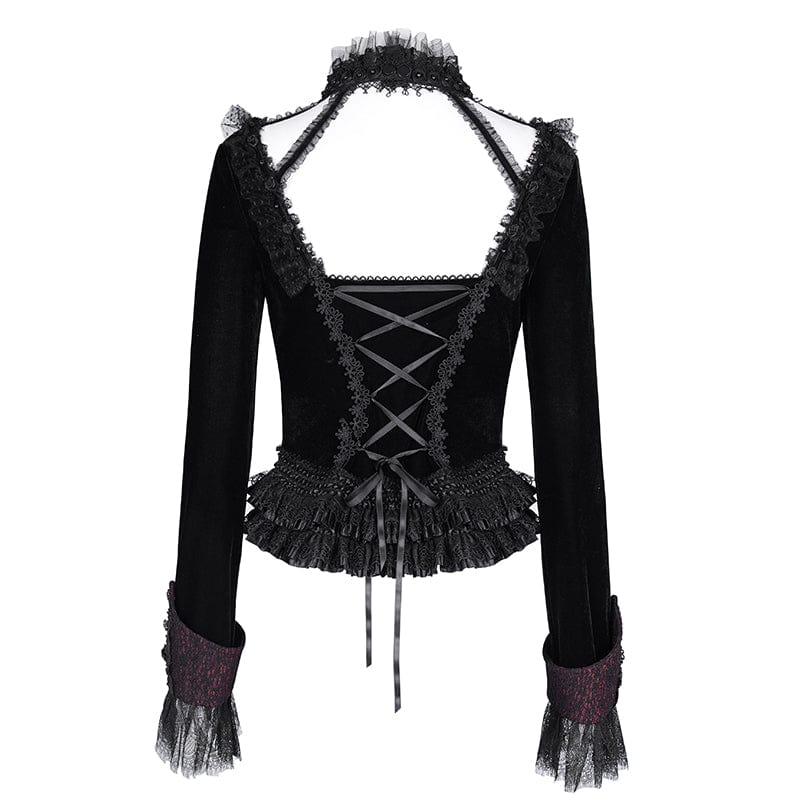 Women's Gothic Ruffled Mesh Lace-up Long Sleeved Shirts
