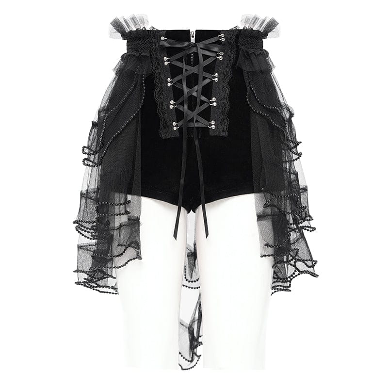 Women's Gothic Ruffled Mesh Splice Lace-up Shorts