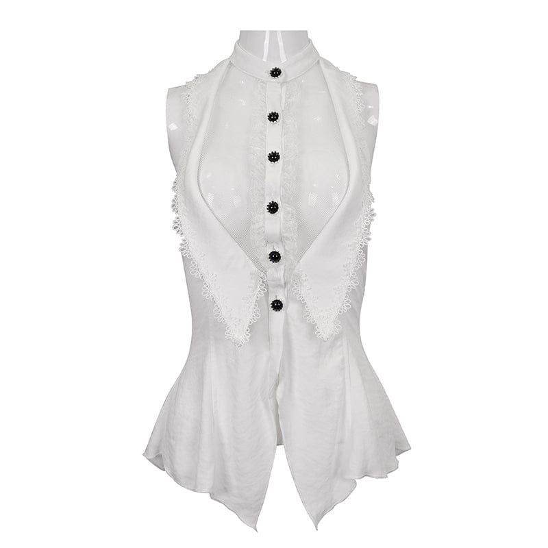 Women's Gothic Strappy Floral Embroidered Ruffled White Vest
